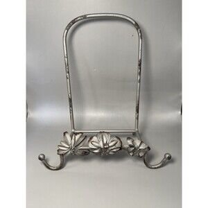 Vintage Metal Flower Tabletop Easel Stand Silver Distressed Hook Organizer Decor